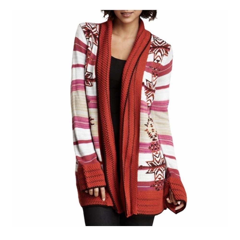 BCBG MAXAZRIA Women's S Open Sweater Cardigan Red-Orange White Southwest Western - Picture 1 of 11